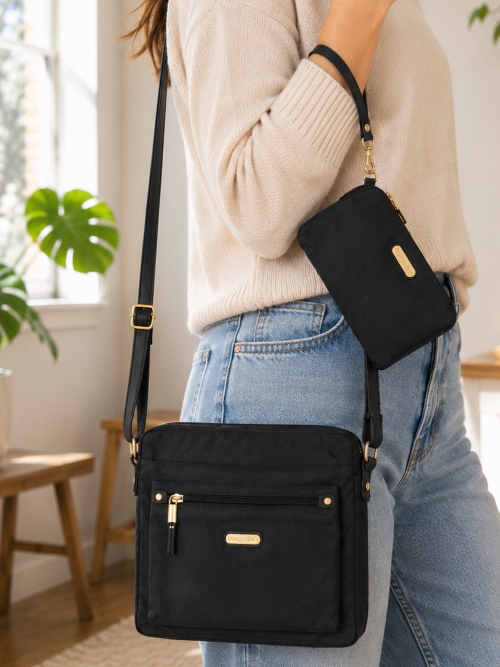 Baggallini Black Crossbody Travel Bag & RFID Wristlet Set